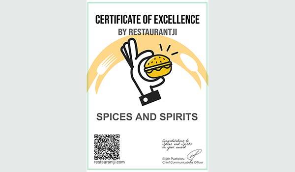 Certificate of Excellence by Restaurantji